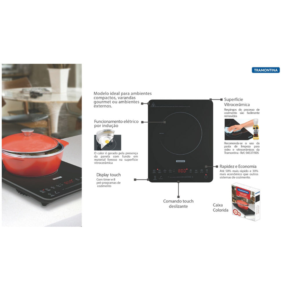 Cooktop de Indução Tramontina 1 Boca Portátil Slim Touch EI 30 Preto – 127 Volts - Imagem 3
