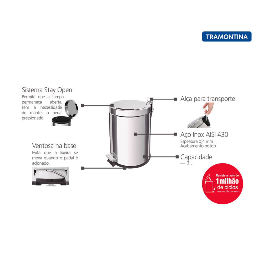 Lixeira com Pedal Tramontina Brasil 3 Litros com Balde Interno e Acabamento Inox Polido - Imagem 2