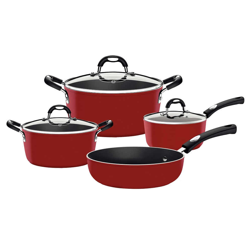 Jogo de Panelas Tramontina 4 Peças Mônaco Induction em Alumínio com Revestimento Interno Antiaderente Starflon Premium e Externo de Silicone Vermelho