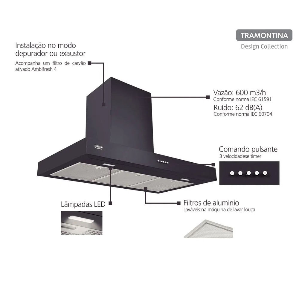 Coifa de Parede Tramontina 90cm Dritta Black Inox Preto - 220 Volts - Imagem 2