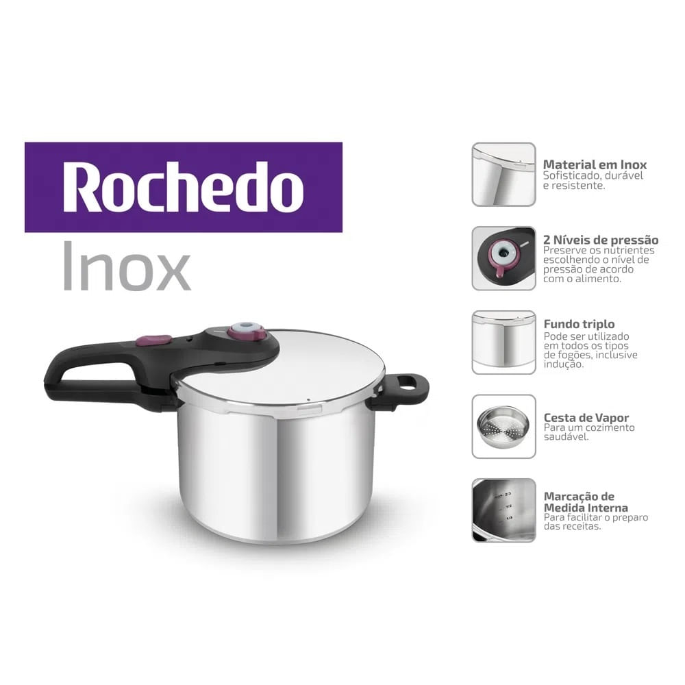 Panela de Pressão Arno 6 Litros com Fechamento Externo e Cesto de Vapor Inox Rochedo P2530749 - Imagem 2
