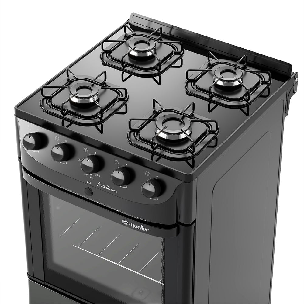 Fogão de Piso Mueller 4 bocas com mesa de vidro Fratello Vetro Preto – Bivolt - Imagem 4