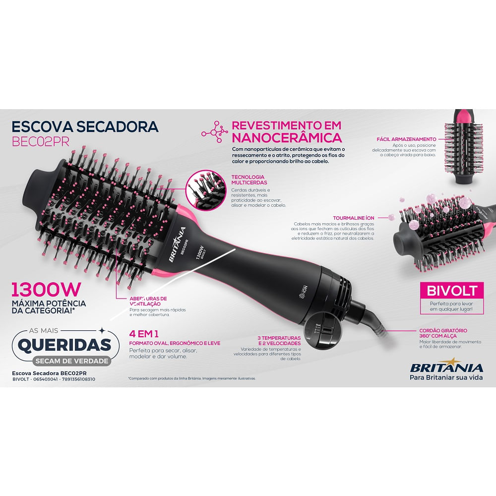Escova Secadora Britânia Preto e Rosa BEC02PR- Bivolt - Imagem 6