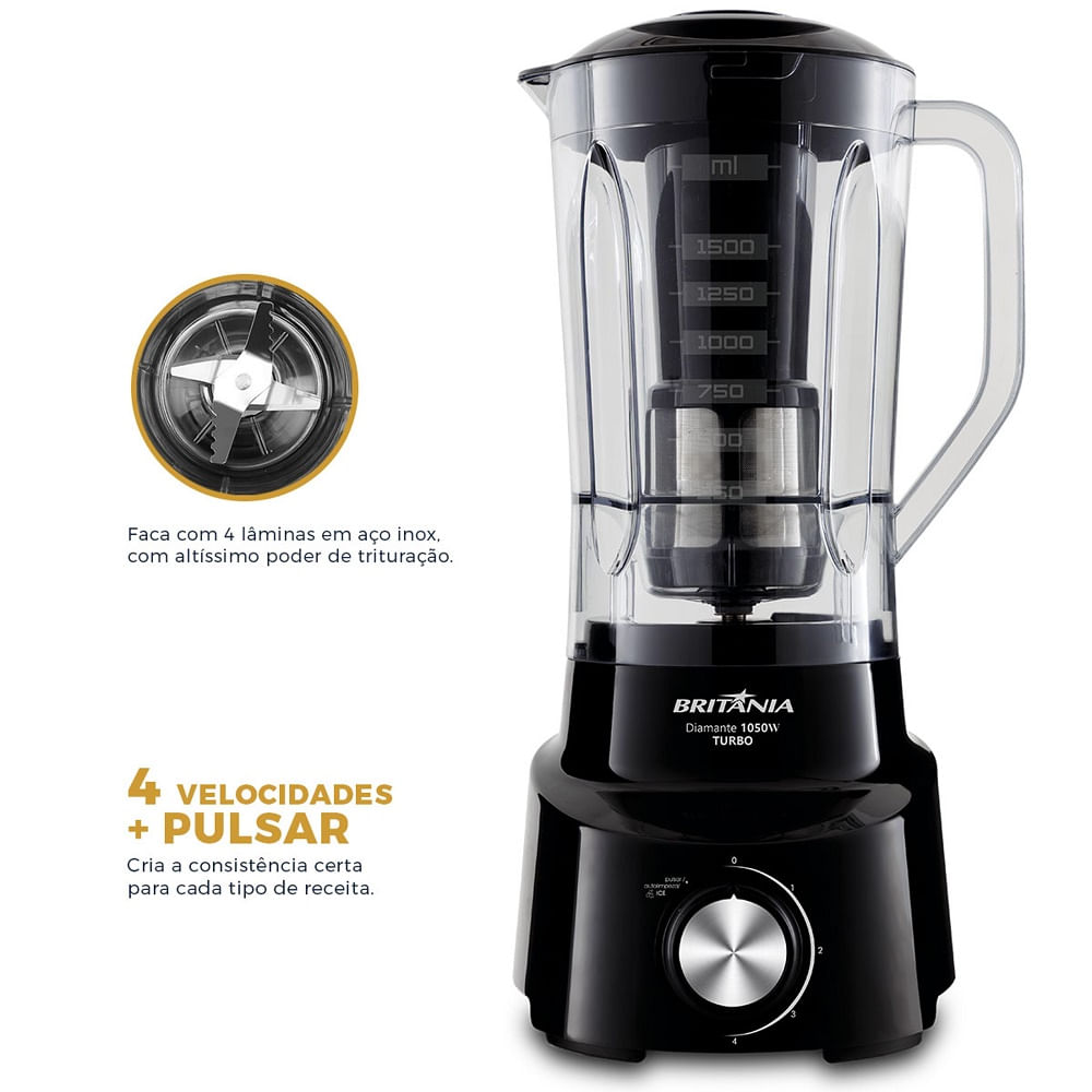 Liquidificador Britânia 1050W 2,65 Litros 4 Velocidades + Pulsar Preto Diamante 800 – 220 Volts - Imagem 7