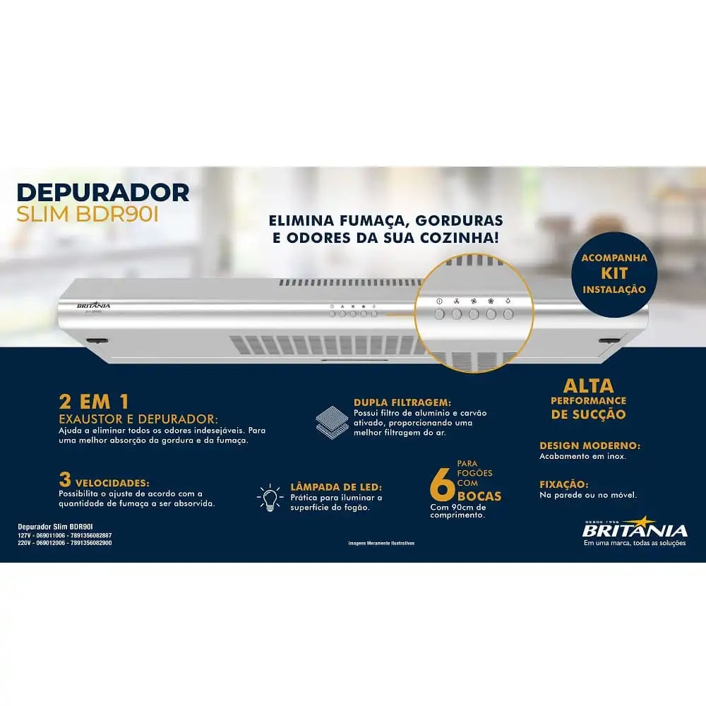 Depurador e Exaustor Britânia 2 em 1 Slim 3 Velocidades BDR90I Cinza – 220 Volts - Imagem 9