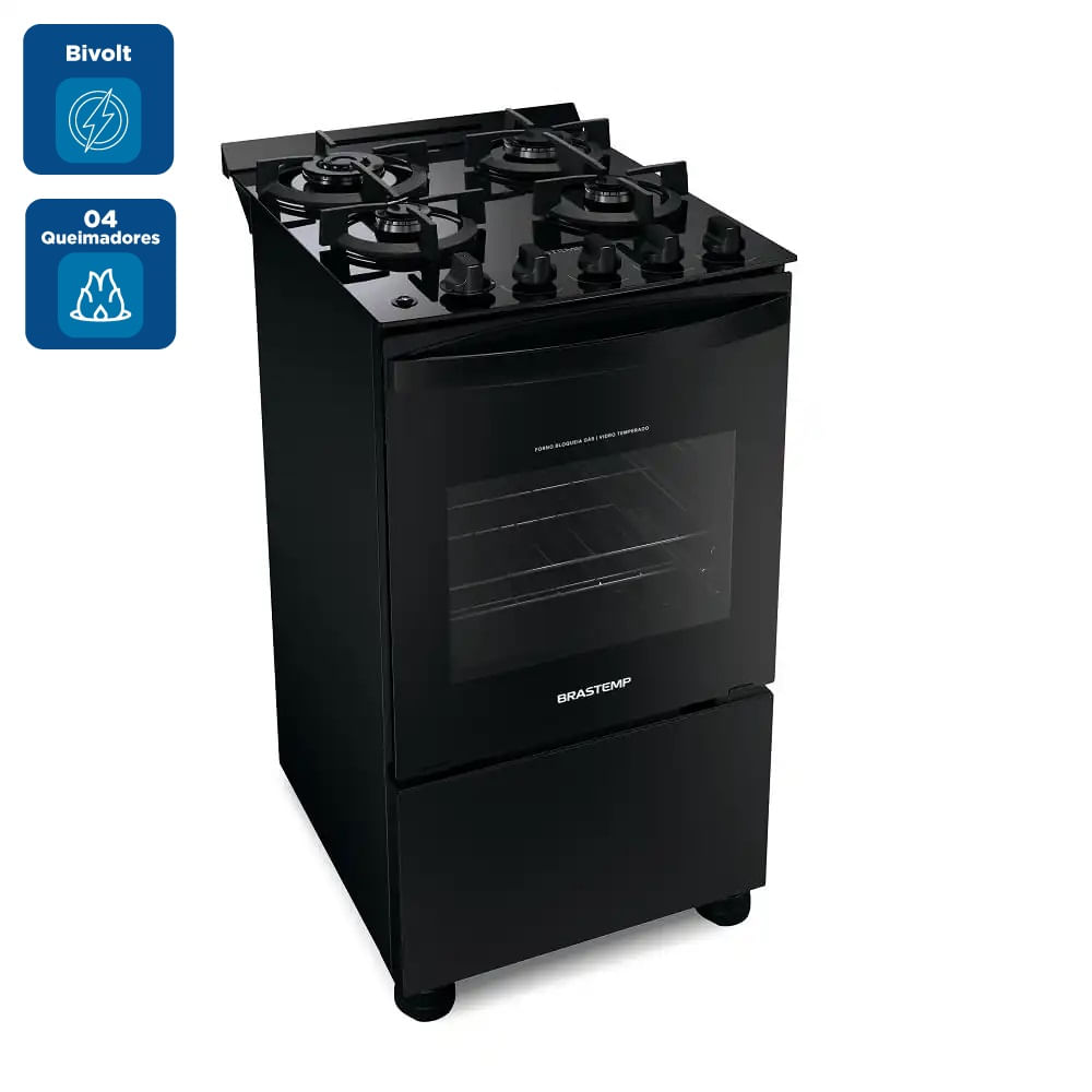 Fogão de Piso Brastemp 4 Bocas Com Mesa De Vidro E Dupla Chama Preto BFO4XAE - Bivolt - Imagem 2