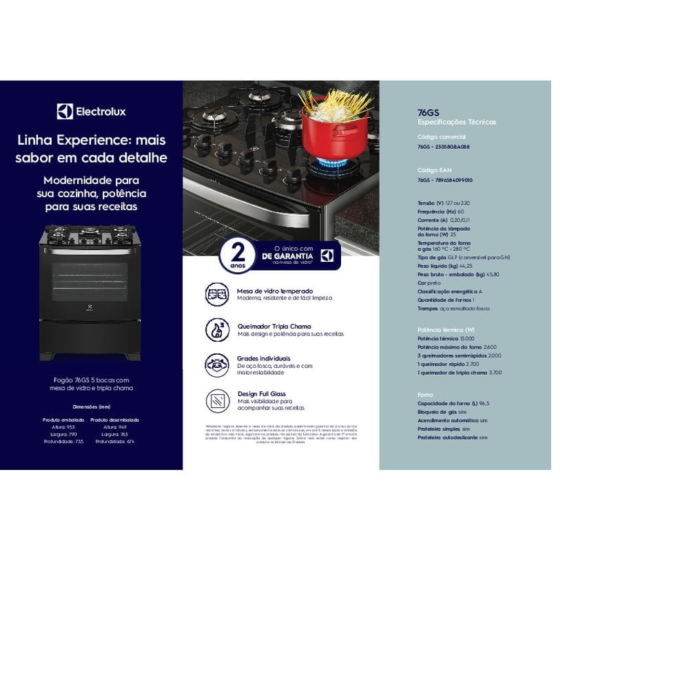 Fogão de Piso Electrolux 5 Bocas Automático com Mesa de Vidro Tripla Chama (76GS) - Bivolt - Imagem 4