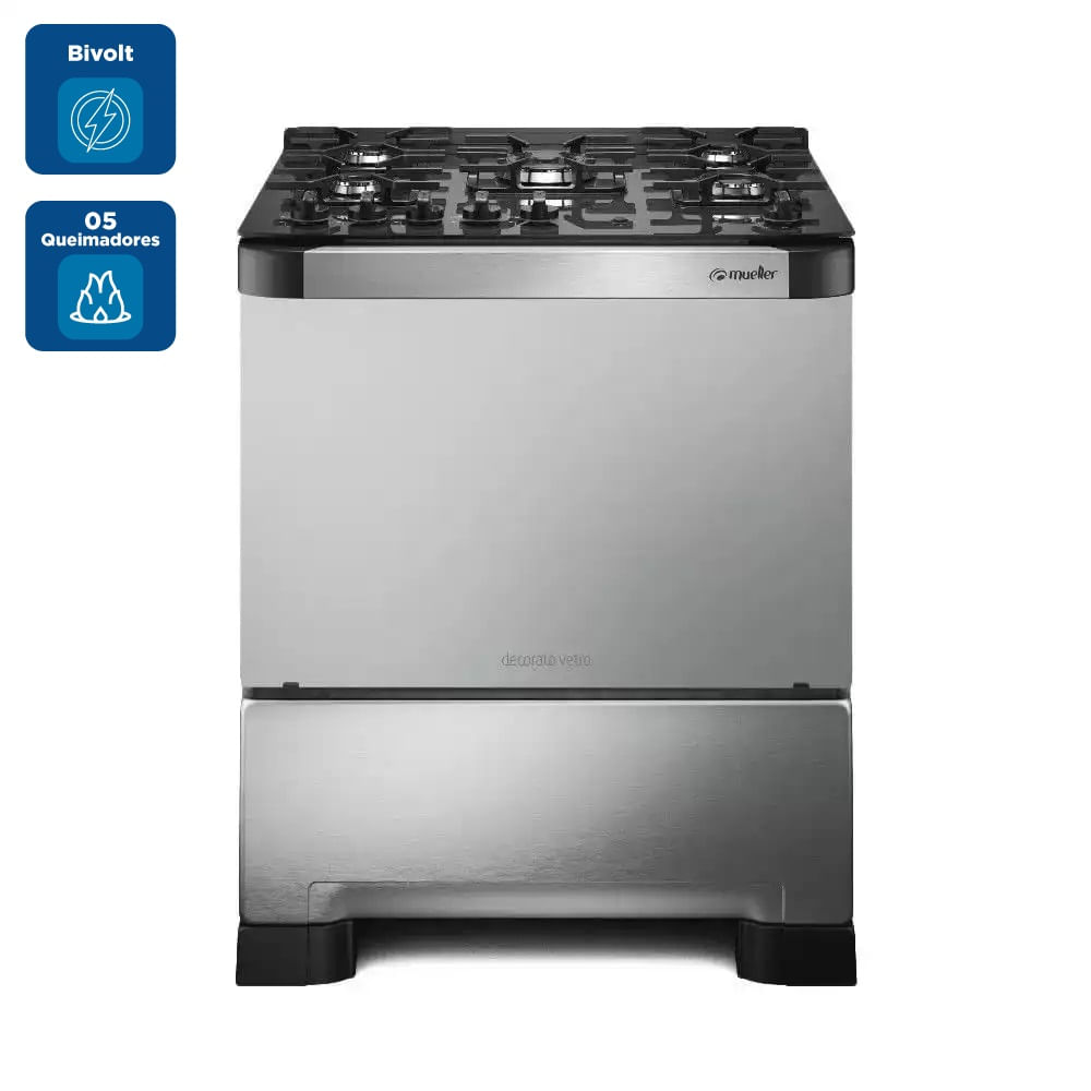 Fogão De Piso Mueller 5 Bocas Decorato Vetro Inox - Bivolt - Imagem 2